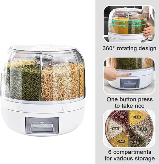 6-Grid Rotating Food Dispenser - Rice Bucket Storage Tank