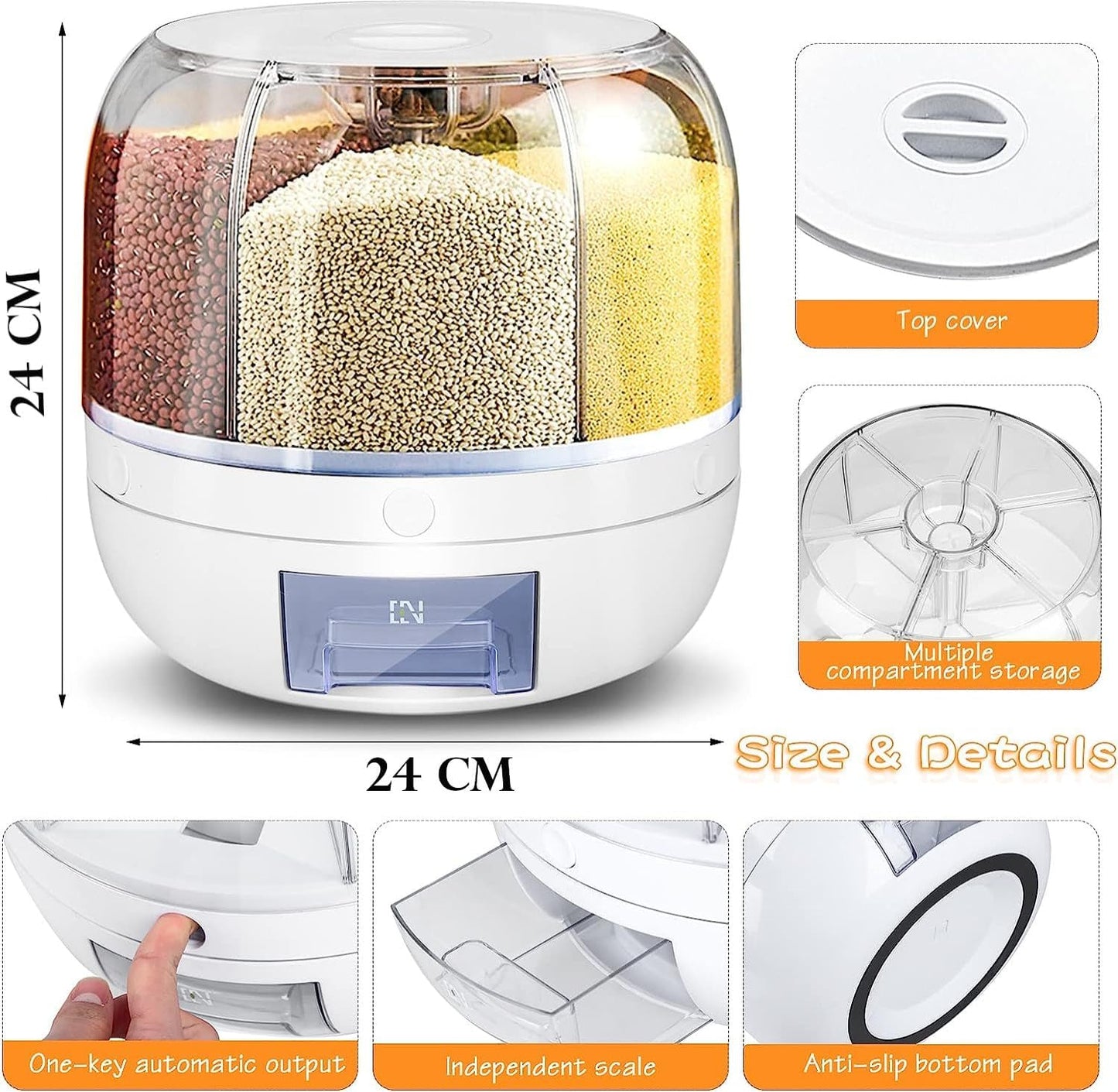 6-Grid Rotating Food Dispenser - Rice Bucket Storage Tank