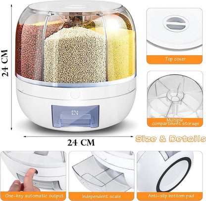 6-Grid Rotating Food Dispenser - Rice Bucket Storage Tank